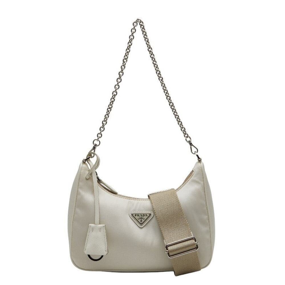 Prada Nylon Re-Edition Triangle Logo Plate Shoulder Bag White